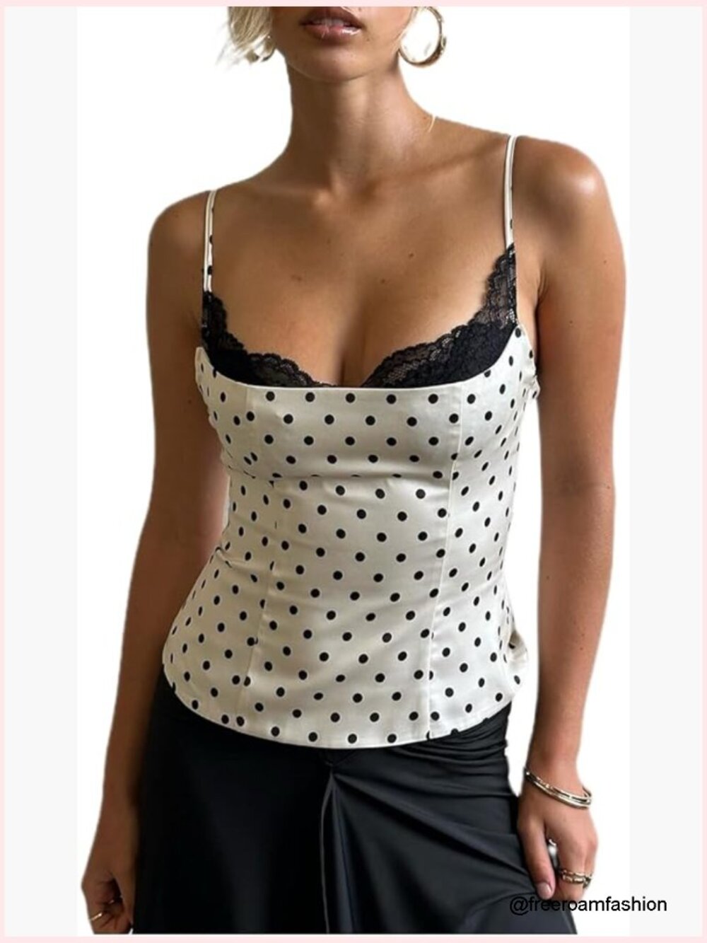 Polka Dot Satin Cami Tank Top with Lace Trim - Black & White